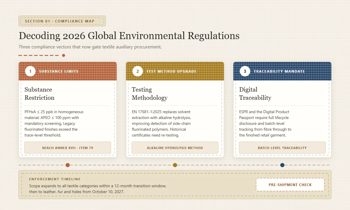 Infographic of the three 2026 compliance vectors for textile auxiliaries: substance restriction limits of PFHxA 25 ppb and APEO 100 ppm, testing methodology upgrade to EN 17681-1:2025 alkaline hydrolysis, and digital traceability mandates under ESPR and the Digital Product Passport.