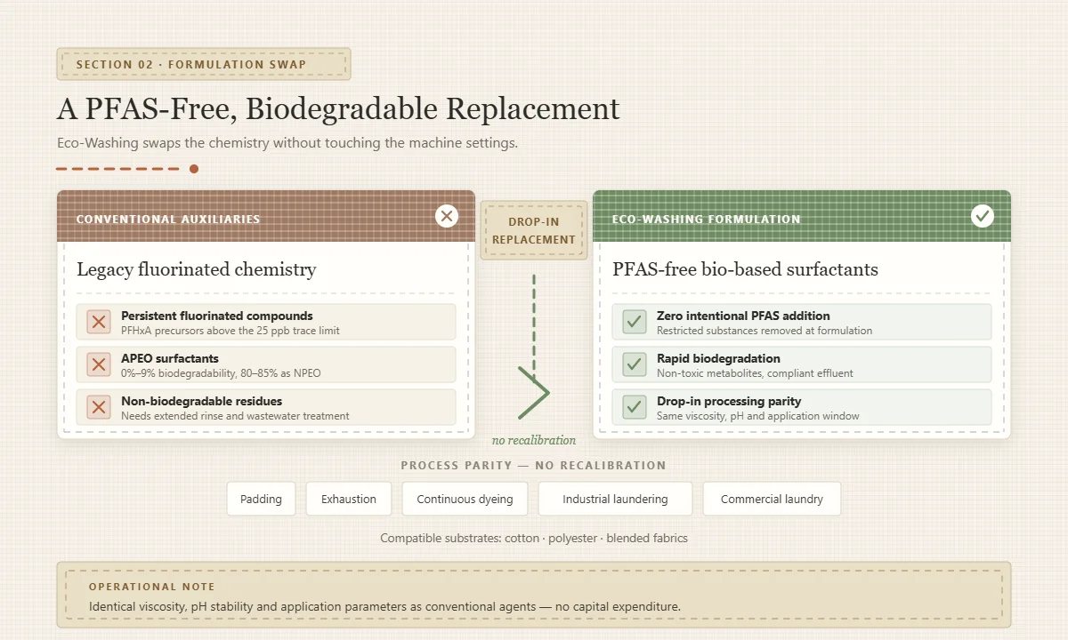 Comparison diagram showing conventional auxiliaries with persistent fluorinated compounds, APEO and non-biodegradable surfactants replaced by the PFAS-free Eco-Washing bio-based surfactant system, with no change to padding, exhaustion or continuous dyeing processes.