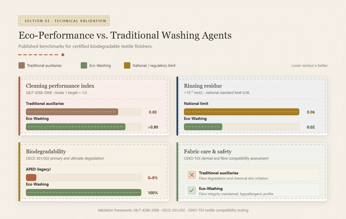 Benchmark charts comparing Eco-Washing with traditional washing agents: cleaning performance index 0.8 versus above 0.9 against a Grade 1 target of 1.0, rinsing residue 0.02 versus the national standard limit of 0.06 times 10 to the minus 2 mol per litre, and APEO biodegradability of 0 to 9 percent versus rapid primary and ultimate biodegradation.