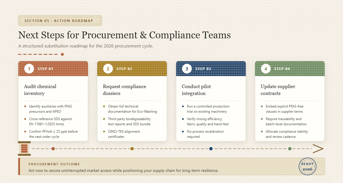 Four-step substitution roadmap for procurement teams: audit the current chemical inventory, request compliance dossiers, conduct a pilot integration and update supplier contracts with PFAS-free and traceability clauses.