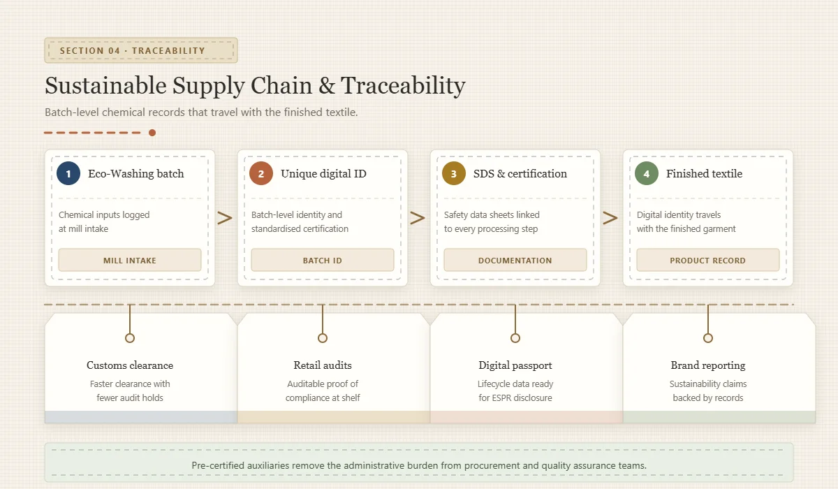 Flow diagram showing each Eco-Washing batch receiving a unique digital identifier linked to safety data sheets and ecological certifications on a blockchain traceability platform, feeding the finished textile product into customs clearance, retail audits, the Digital Product Passport and sustainability reporting.